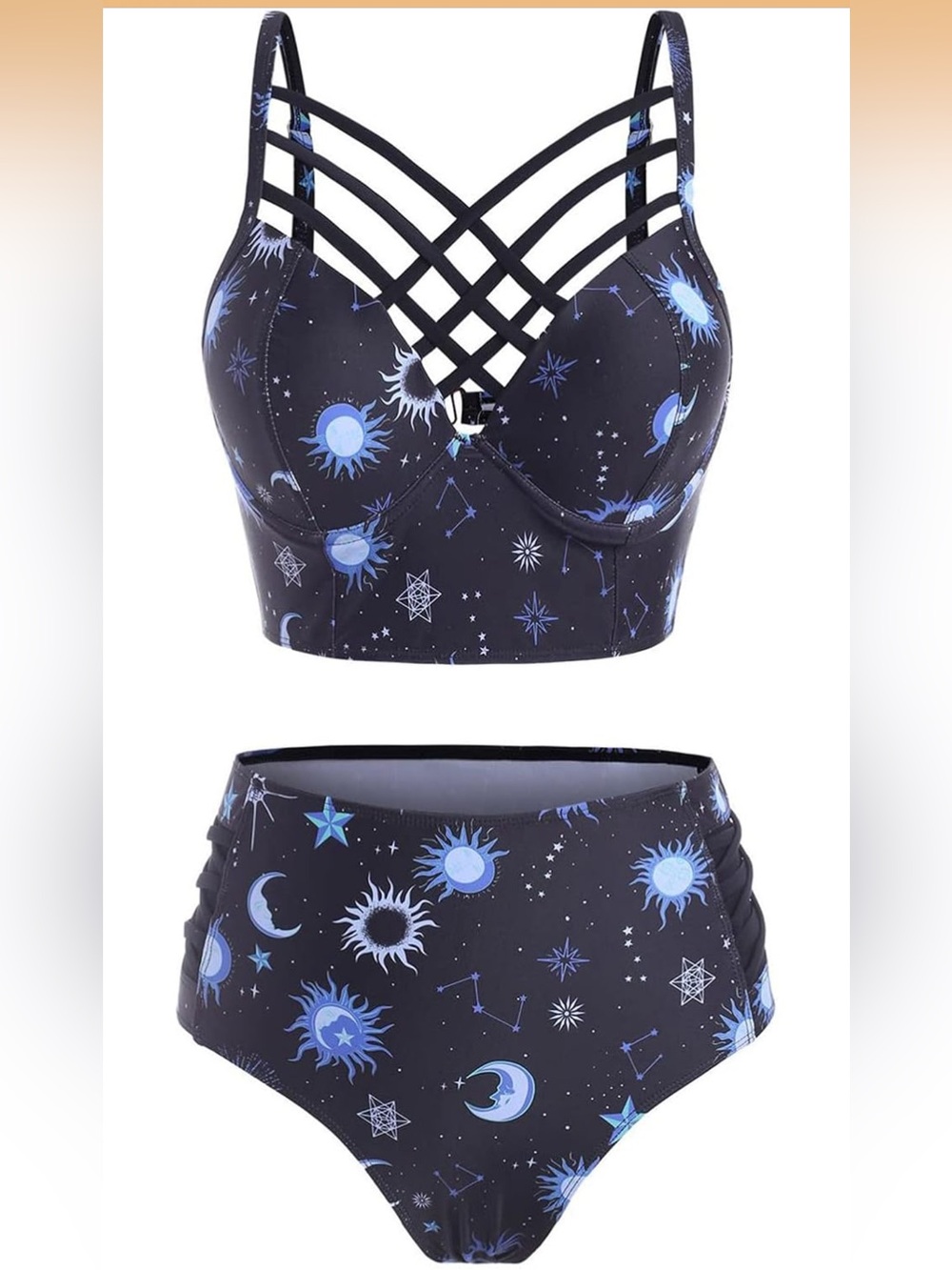 Summer Sun Star Moon Lattice High Waisted Tankini Swimsuit Navy. 2225/bb4-1